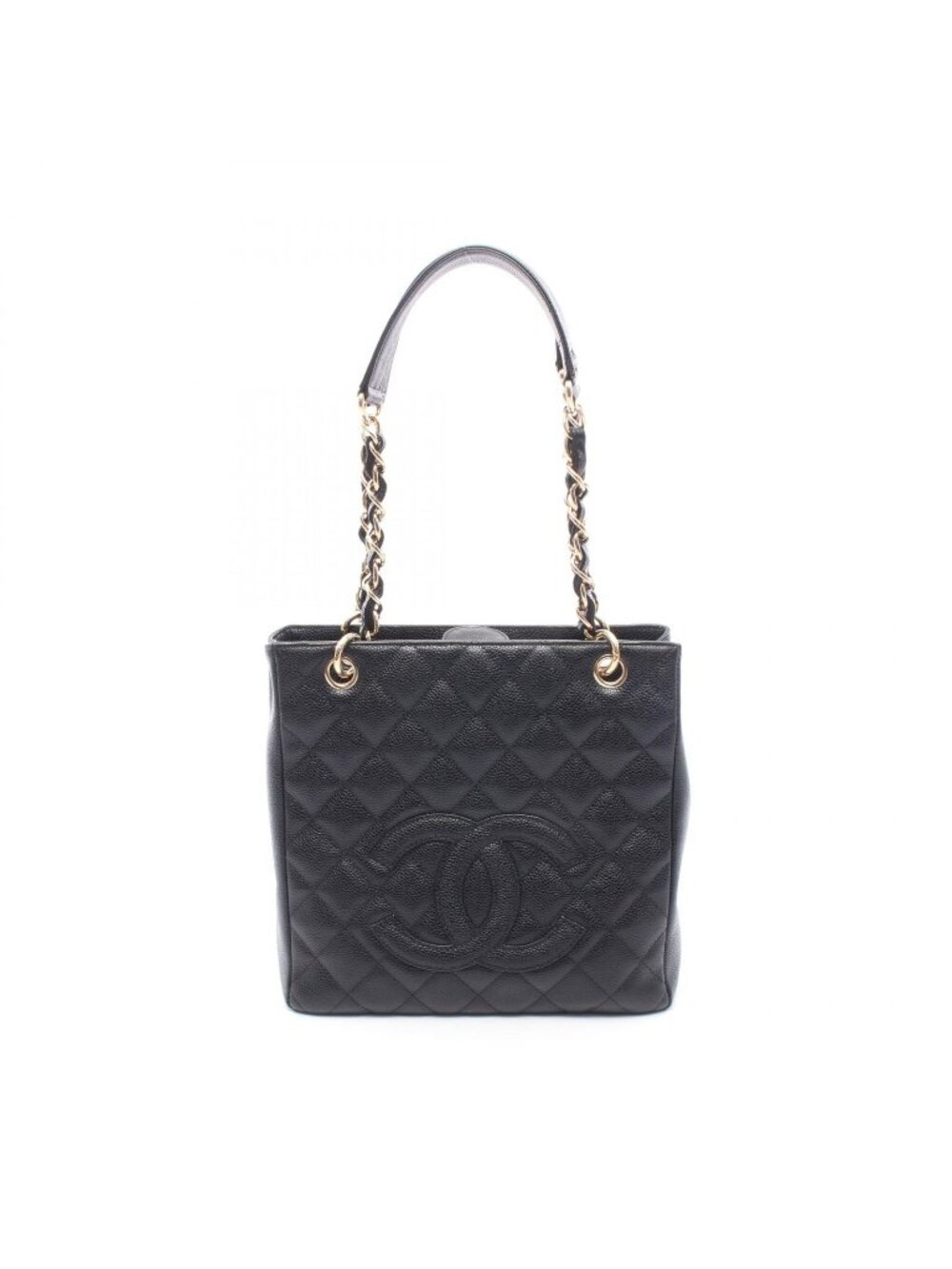 Chanel Tote Quilted Petite Shopping PST Black Caviar Leather Chain